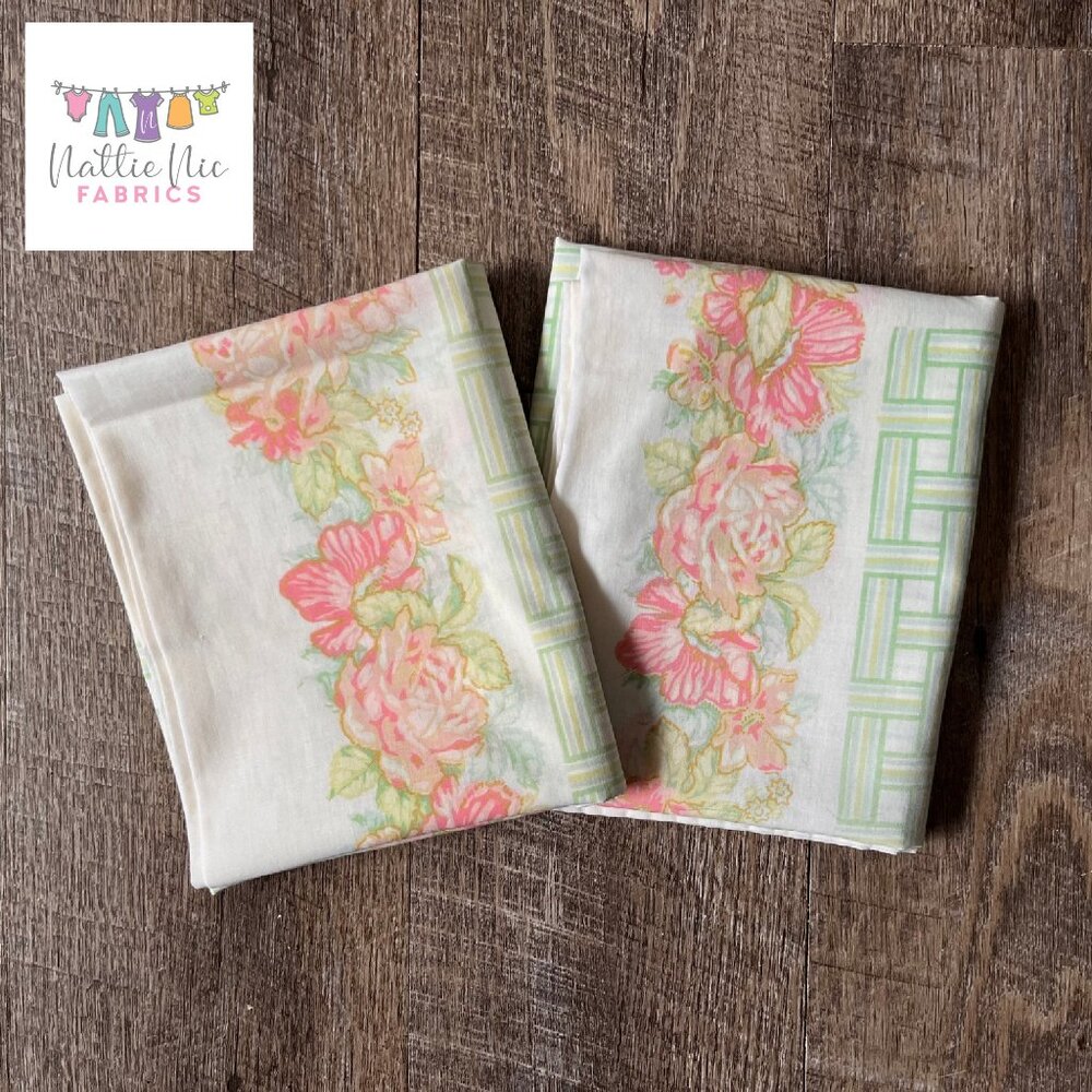 2 Vintage Pillowcases in pink and green floral, Sears, Perma Prest‎